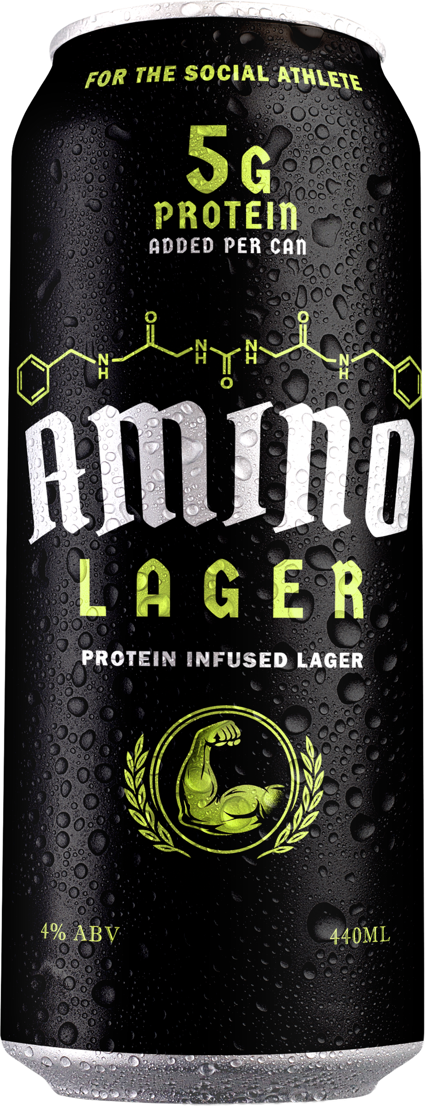 A cold can of Amino protein-infused lager, matte black with lime graphics and heavy condensation